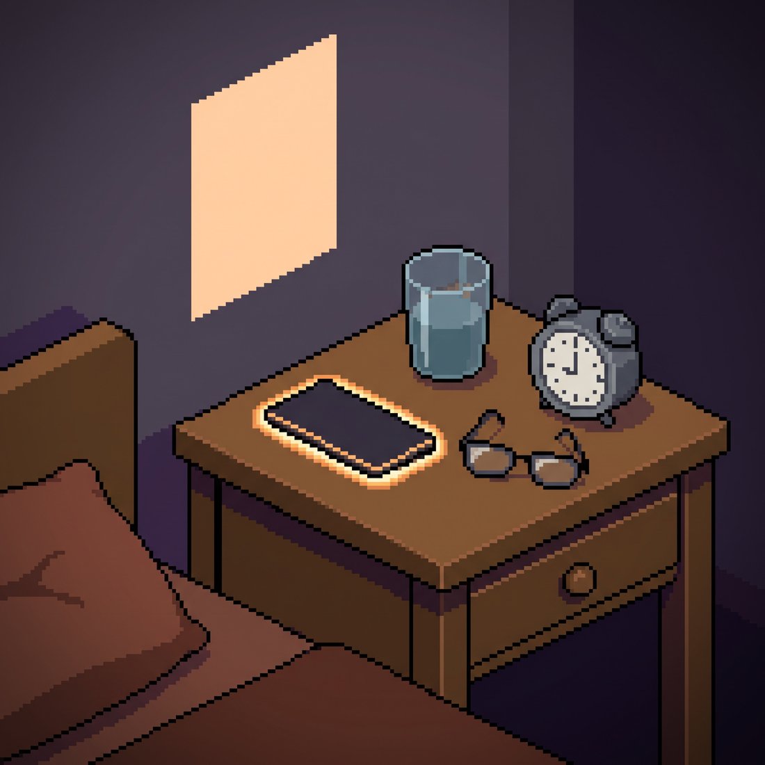 A nightstand in the dark: a face-down phone leaking light, a glass of water, spectacles, a clock