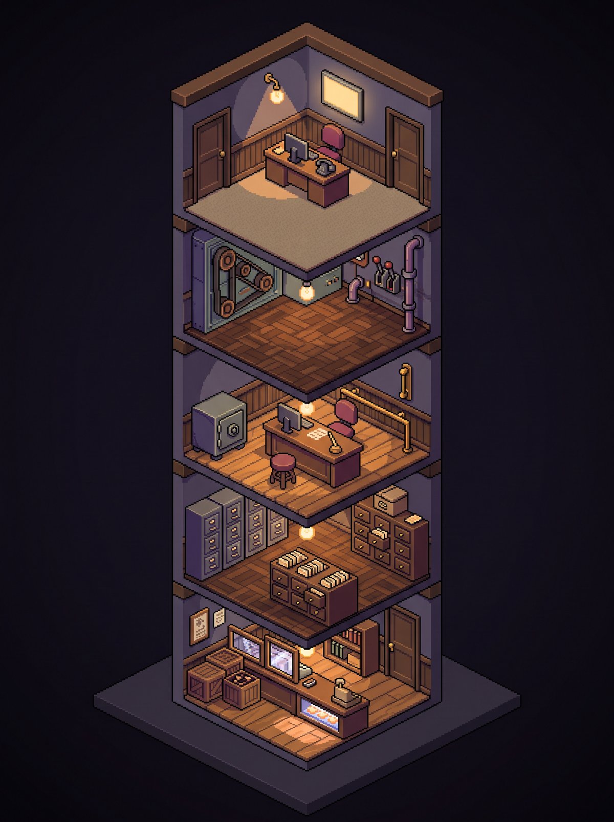 An illustration of five workspaces cut open and stacked so all five are visible at once: a shop counter, a records corner, a payments desk, a workbench and a row of desks, each lit at night