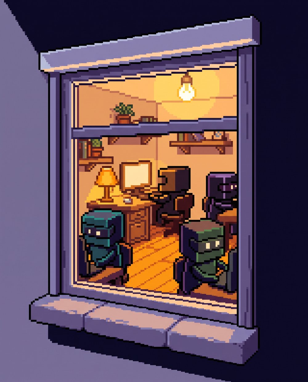 A lit office window seen from the street at night, four agents at their desks inside